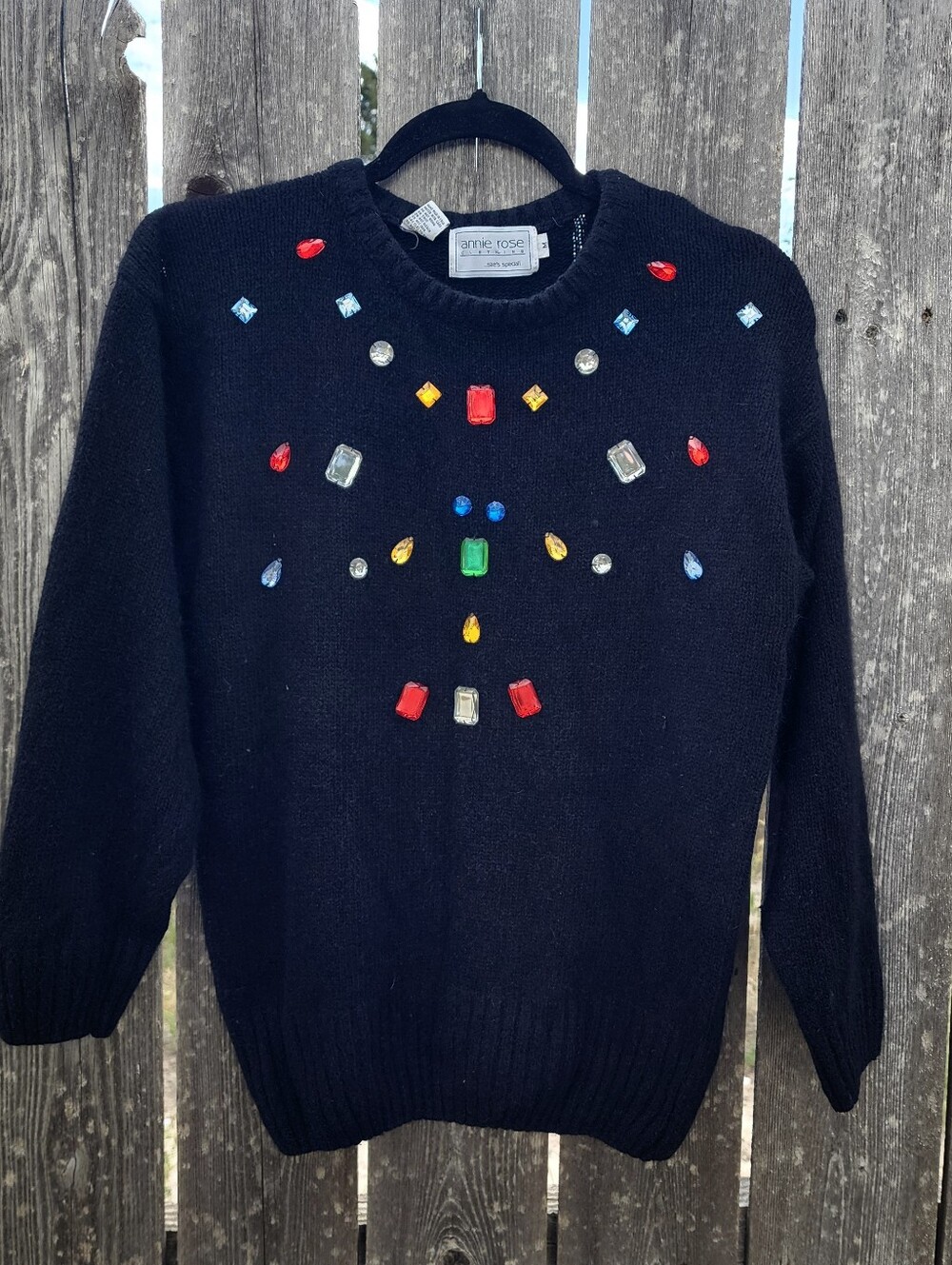 Vintage 90s Annie Rose Silk Angora Bejeweled Rhinestone Sweater Black M Glam